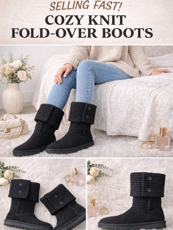 UGG Shoes - Cozy Black Knit Fold-Over Booties New With Tags!